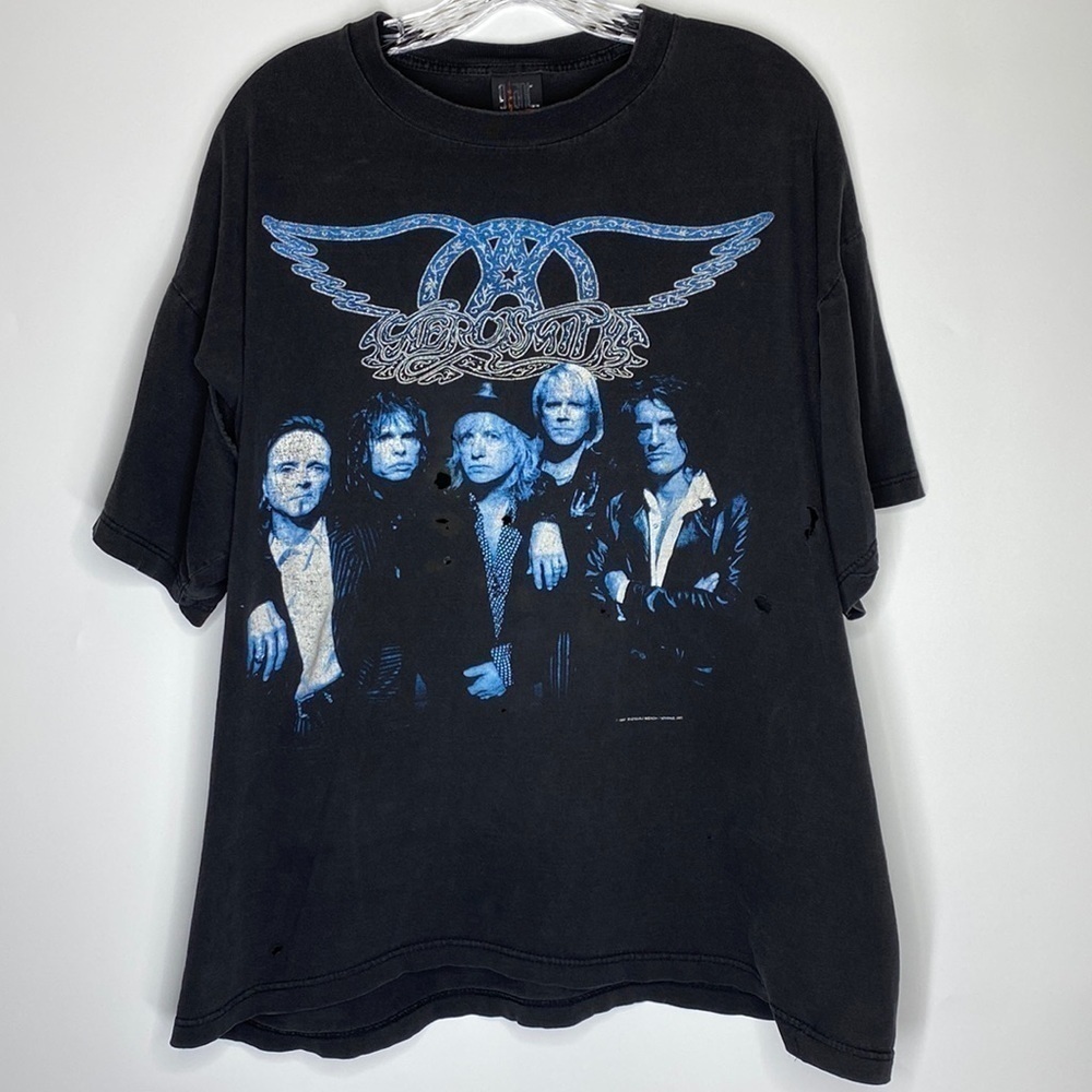 Vintage Giant Aerosmith 1997 Nine Lives Black Band Tee XL Thrashed